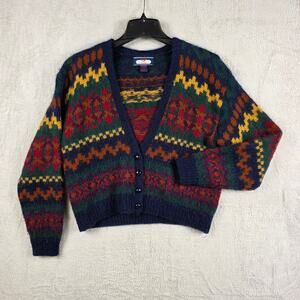 Princeton Club Sweater Women's Large Blue 50% Mohair Cardigan Fair Isle